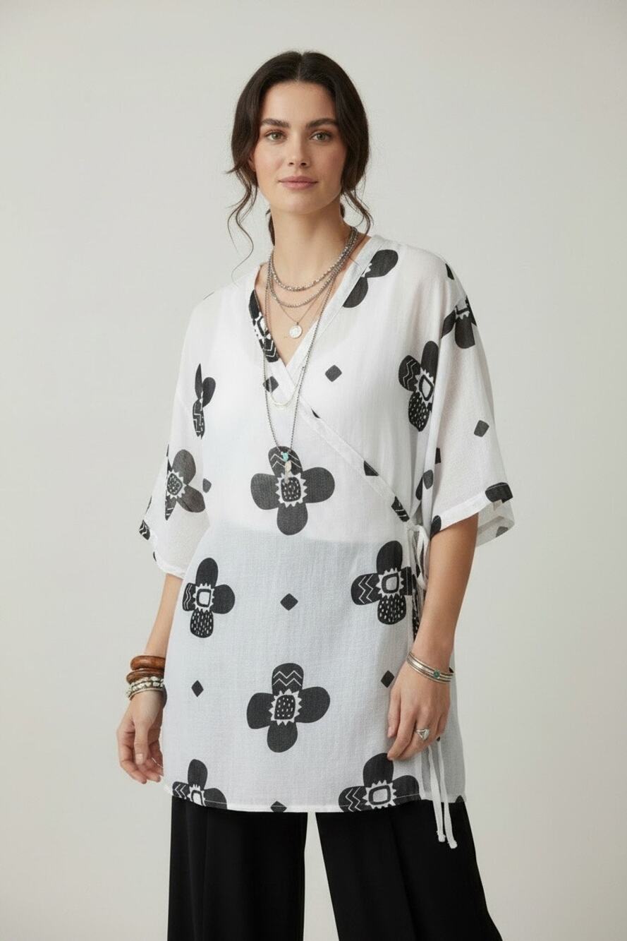 Gudrun Sjoden S/M Kimono Wrap Top White Black Floral Cover Up Tunic Lagenlook